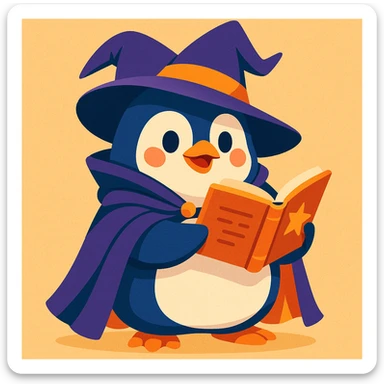 playful style chubby penguin with a wizard hat and cloak, holding an open spellbook sticker