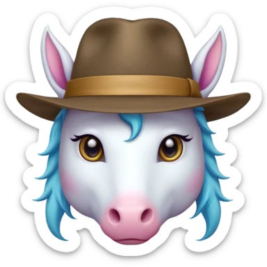 unicorn face cute wearing fedora, horn piercing through the hat looking in the camera sticker