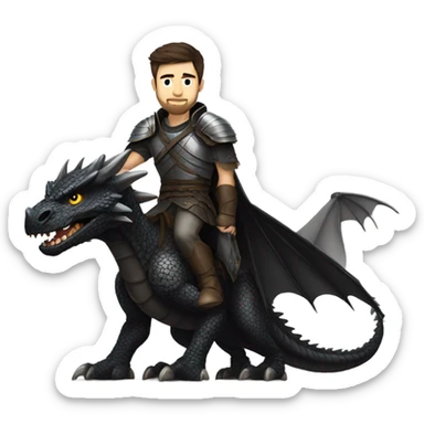 Confident armored White Man with dark brown hair and a short beard riding on the back of a giant armored black dragon sticker