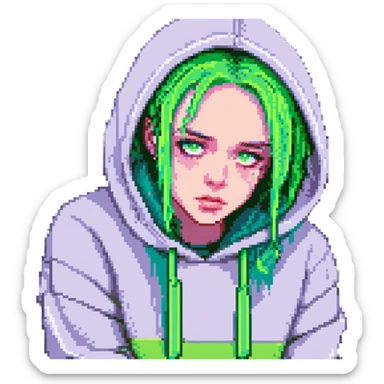 pixel art of Billie Eilish with neon green hair, wearing a hoodie, serious look sticker