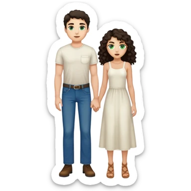 One tall man with light skin, green blue eyes, short straight dark hair, wearing jeans. With one girl with tan skin and long curly dark hair and brown eyes wearing a white midi dress.  sticker