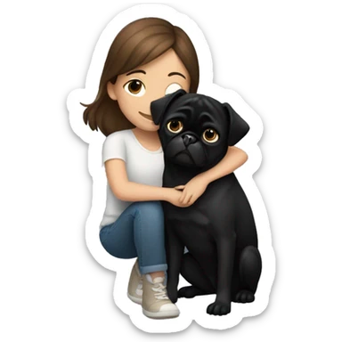A girl with brown hair hugging a black pug dog sticker