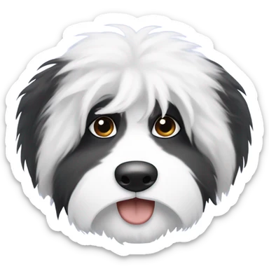 Fluffy Old English sheepdog face with the left half of his face black and the right half of his face white. White around the mouth and nose. Eyes should be completely half and half. No black on left side sticker