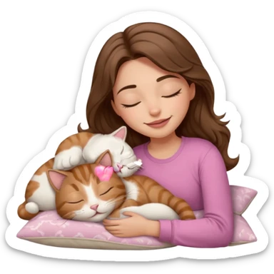 girl with wavy long brown hair, brown eyes, light to medium complexion, long lashes, light pink lipstick, smiling, wearing light pink shirt, sleeping on a cozy pillow, with brown tabby cat, sleeping sticker