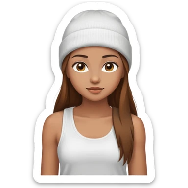 Girl with light brown skin hazel eyes long brown hair wearing a white tank top and beanie sticker