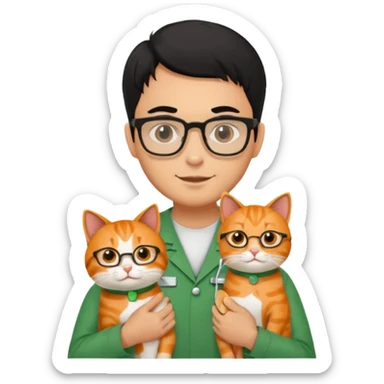 Veterinario hombre trigueño con lentes, con cabello negro, y con uniforme veterinario color verde cargando un gato naranja sticker