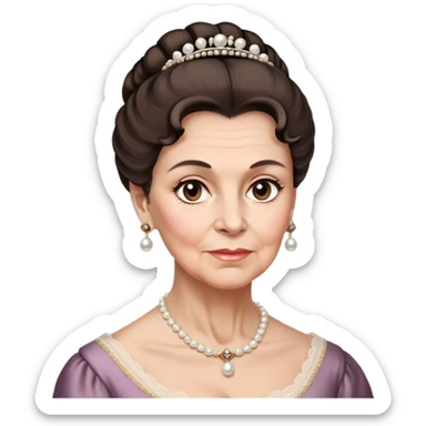 middle-old age lady with dark brown hair, styled in an elegant Regency-era updo, Soft brown eyes, kind but firm gaze, Wears delicate pearl earrings, sticker