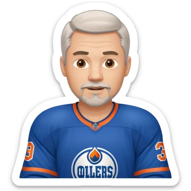 Handsome, muscular white man with gray hair and goatee, playing hockey and wearing an Oilers jersey sticker
