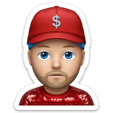 Fred Durst with blue eyes, dark blonde hair, red sequin shirt and cap sticker
