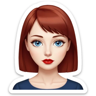 Creative 40-something woman with fair skin, oval face, striking blue eyes with dark eyeliner, thin eyebrows, small nose, full lips with bright red lipstick, dark auburn hair with straight bangs, slight age lines, wearing an elegant black blouse, artistic expression sticker