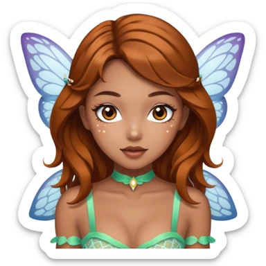 Pretty girl with caramel skin brown hair brown eyes and freckles. Wearing sexy makeup. Wearing a fairy costume with white fishnet tights and heels sticker