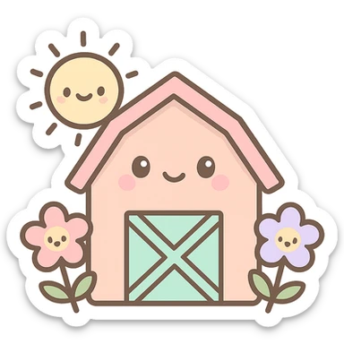 cute kawaii style emoji of a barn with flowers and a sun sticker