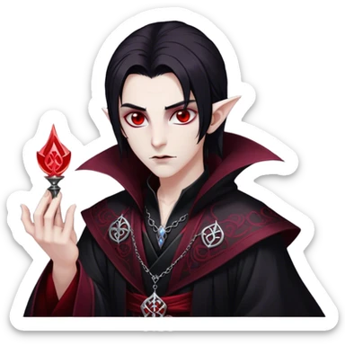 Cinematic Realistic WoW Vampire Mage Portrait, depicted with dark and mysterious elegance, wearing a flowing black robe intricately adorned with arcane silver filigree and esoteric runes. His pallid, almost ethereal skin contrasts with deep crimson, mesmerizing eyes, while his dark, slick hair falls in sleek strands. Rendered with lifelike texture and moody, dramatic lighting, high shine, noble and formidable, capturing the essence of a legendary vampire mage of Azeroth. sticker