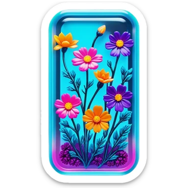 Epoxy resin art icon, jewelry and decorative items made with fluorescent epoxy resin, glowing effect on the resin, finished resin jewelry with dried flowers embedded inside, visible tubes of resin with bright colors, mixing tools, and molds, minimalistic style, clean lines, transparent background sticker