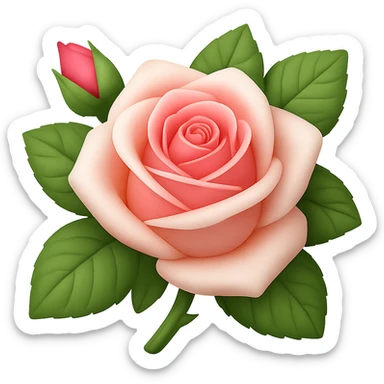 Create a square 3D illustration of a white and pink rose with buds and leaves in the style of iOS Apple emoji, featuring voluminous petals, on a transparent background. The style should mimic the detailed, smooth, and vibrant look of Apple emojis with a 3D effect and shading to emphasize depth and volume. sticker