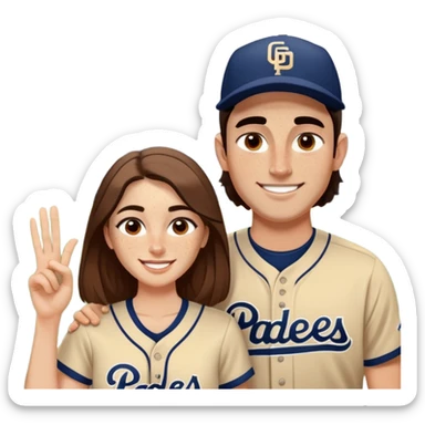 *White* Smiling couple. Woman has big cheeks and a lot of freckles on the nose. long brown hair. Man has black and very short hair and prominent eyebrows with egipcian nose. Both are wearing “Los Padres” baseball jerseys and with a sign that says “Go Padres!” sticker