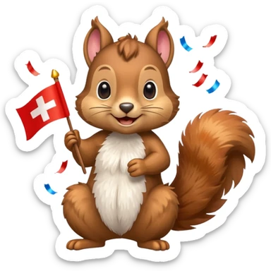 happy squirrel with a Swiss flag and colorful confetti, emoji style sticker