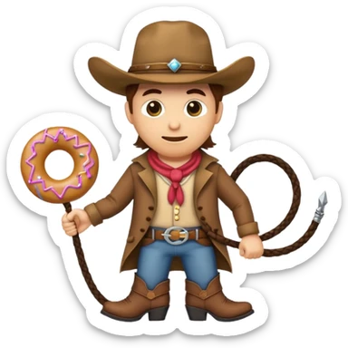 donut dressed as a cowboy with a hat boots and a lasso, fun emoji style sticker