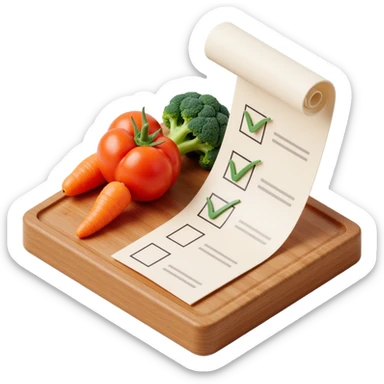 carrot tomato brocoli on the wooden cutting board with floating rolled paper list with checkbox sticker