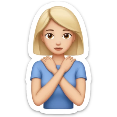 Woman with crossed arms with hands holding the neck sticker