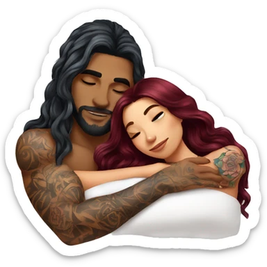 Beautiful tattooed burgundy long haired woman laying on the boyfriends chest sticker