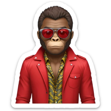 gorilla with Tyler Durden's signature sunglasses, patterned shirt, red jacket sticker
