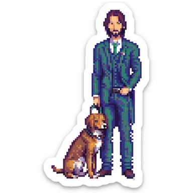 John Wick in pixel art style, holding a dog, simple background, pixelated look sticker