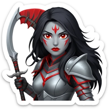 f a warrior woman with silver-gray skin, red eyes, long black hair with a red streak, wearing dark Amazonian armor, holding a scythe, with red energy crackling around her.” sticker