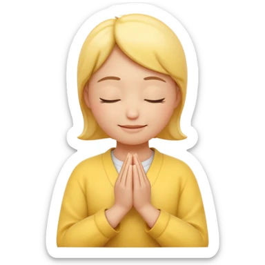 A 3D Apple-style yellow round emoji, calm and patient expression, closed eyes with a gentle smile, hands together in front as if waiting or praying, soft relaxed eyebrows, subtle glow around the head to symbolize patience, clean minimal background sticker