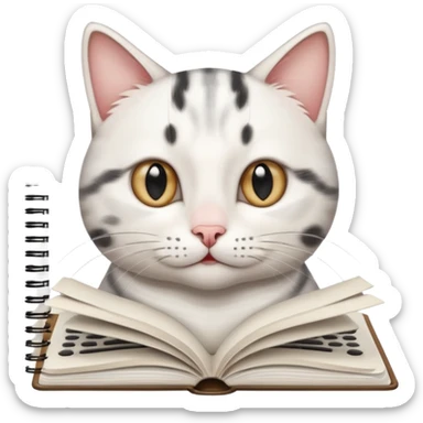 gatita feliz blanca con manchas negras atigradas viendo una libreta anillada  sticker