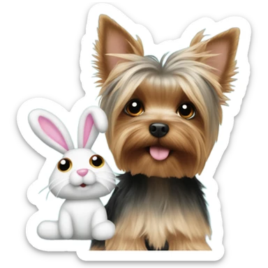Yorkie with a stuffed animal bunny sticker