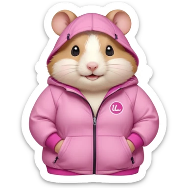 Cute chubby cartoon-style hamster wearing the lululemon pink define jacket, proud and smiling expression. Painterly shading, white background, sticker-style illustration sticker