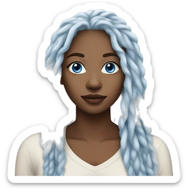 an ebony woman, 30 years old, white dreadlocks, beautify lady, wearing some cheap loose outfit, she has stunning blue eyes sticker