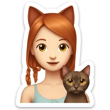 cherry red hair cute girl with burmese brown cat sticker