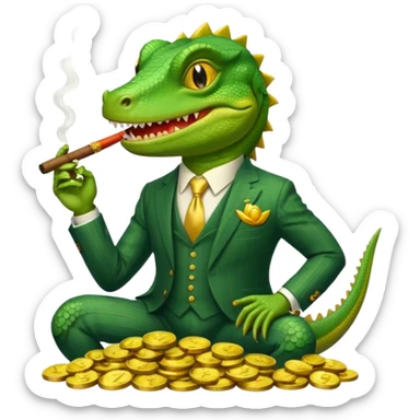lizard in a pinstripe suit, grinning, holding a cigar, sitting atop a pile of gold coins, apple emoji style, no text sticker