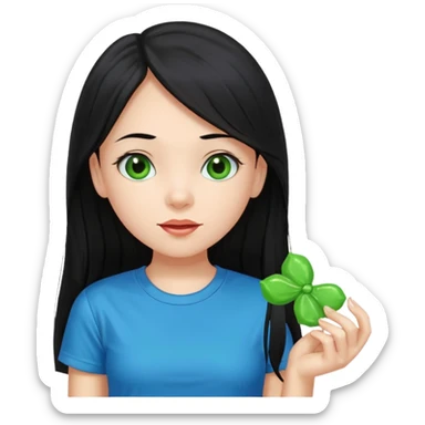A girl with long black hair and black eyes wearing a blue t-shirt holding a piece of green hard candy in one hand and a green candy wrapper showing a guava on it in the other hand sticker