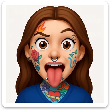 A 3D emoji in iOS emoji aesthetic style of a wild expressive person with colorful tattoos, multiple facial piercings, sticking out their tongue and making a funny face, glossy Apple-style design, clean white background, vibrant and bold look. sticker
