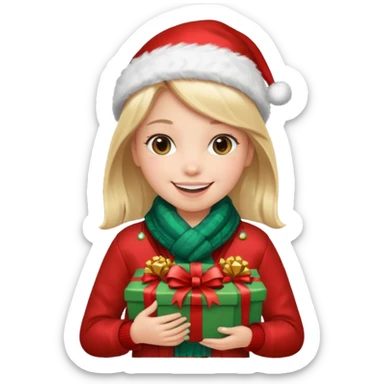 a girl wearing a chirstmas jacket and scarf and holding a christmas gift sticker