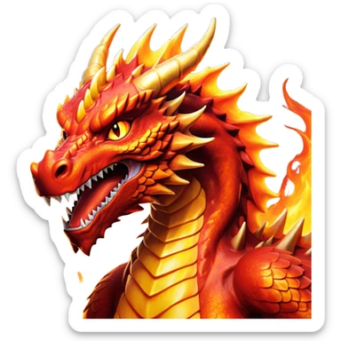 Cinematic Noble Fierce Fire Dragon Portrait Emoji, Poised and imposing, with a muscular, scaled body ablaze in fiery hues of crimson, molten orange, and molten gold, and intense, burning eyes that mirror the heart of a volcano; rendered with lifelike texture and dynamic natural highlights, high shine, formidable and intense, styled with an aura of scorching mythic power, focused and resolute, soft glowing outline, capturing the essence of a legendary inferno poised to ignite the screen with timeless ferocity! sticker