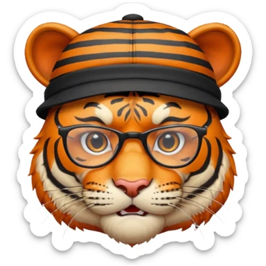 Un tigre enfadado con una mesa de dj . Lo quiero más profesional con unos audífonos y cara de astuto . Mejor con un sobrero y sin audífonos y con unas gafas  sticker