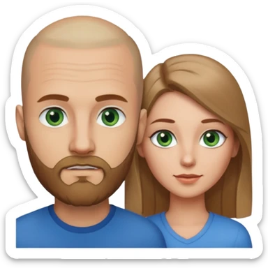 Man on left with shaved head with dark blonde beard and blue eyes and woman on the right with long brown hair green eyes  sticker