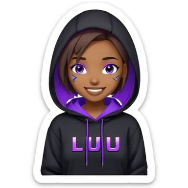 brown haired girl with a bob and blue eyes wearing black hoody with violet letters "Lu", laughs. Cyberpunk style. Violet neon. sticker