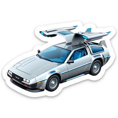 Retro-futuristic hover car inspired by the DeLorean, gullwing doors, silver metallic body with blue-tinted windows, stylized jet boosters in the back, flat vector style, outlined shapes, minimal design sticker