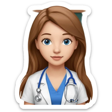 university classroom that says nursing school on the blackboard with a pretty female nursing student with long brown hair, blue eyes sticker