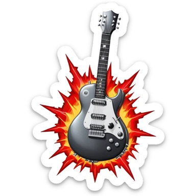 Create a bold and powerful emoji representing rock vocal performance in a humanless collage. The design should feature a vintage microphone at the center, surrounded by a heavy, aggressive hardcore electric guitar with sharp, jagged edges. Include crossed drumsticks behind the guitar, symbolizing the intense rhythm of rock music. Add fiery elements like flames or lightning bolts to enhance the raw energy of the design. Use dark, bold colors like black, red, and silver, with metallic or chrome accents to reflect the rebellious, hard-hitting nature of rock. The background should be transparent. sticker