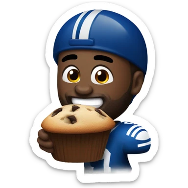 Black man with beard while wearing Colts football helmet eating a chocolate chip muffin sticker
