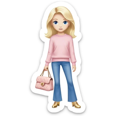 A blonde girl with blue eyes and a blow out as the hairstyle. She is standing with a white Chanel bag and wears flared Jeans and a light pink pullover. For shoes she wears golden goose. sticker