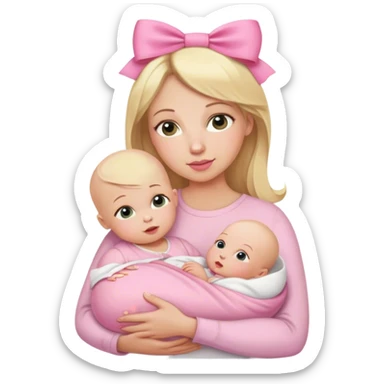 Blonde long hair mom with bald newborn baby girl with pink bow sticker