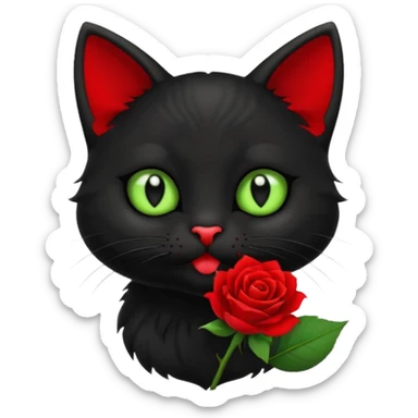 Cute emoji-style black cat holding a red rose in its mouth, big round eyes with light green sclera and black pupils, fluffy fur, clean mascot style, centered, soft beige background, 1:1 ratio. sticker