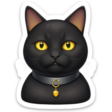 Un gato negro gordito con los ojos de color amarillos sentado con un collar que diga: waina michi sticker
